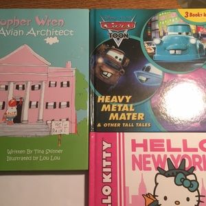 Hello Kitty book, Hello New York. The Avian architect, and Cars Disney book